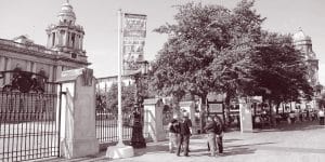 The tour group at Belfast City Hall gates